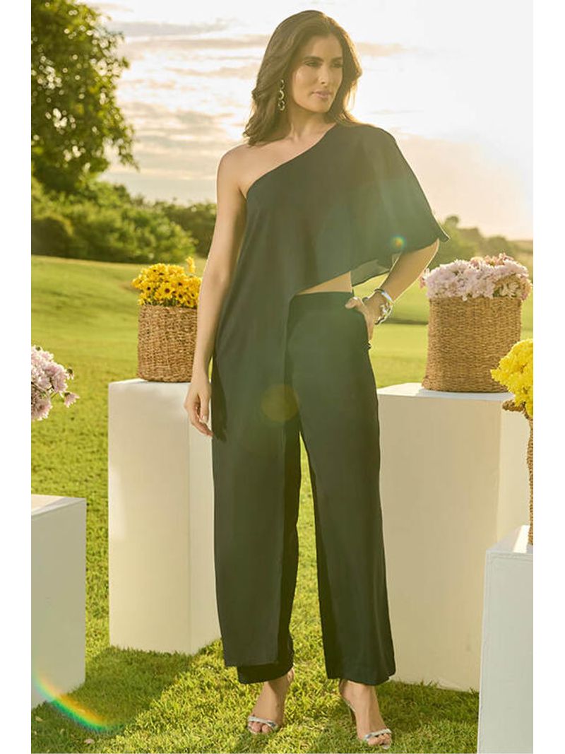 Conjunto Blusa Assimetrica De Ombro So E Pantalon Preto 36