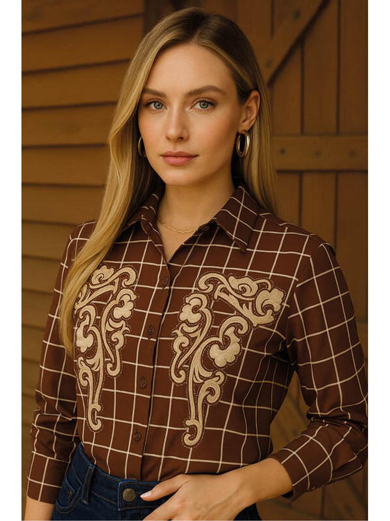 Blusa-Camisa--Ajustada-Com-Mangas-Longas-Marrom-38