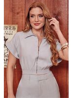 Blusa Semi Cropped Com Gola, Ziper E Elastico Cinza 36