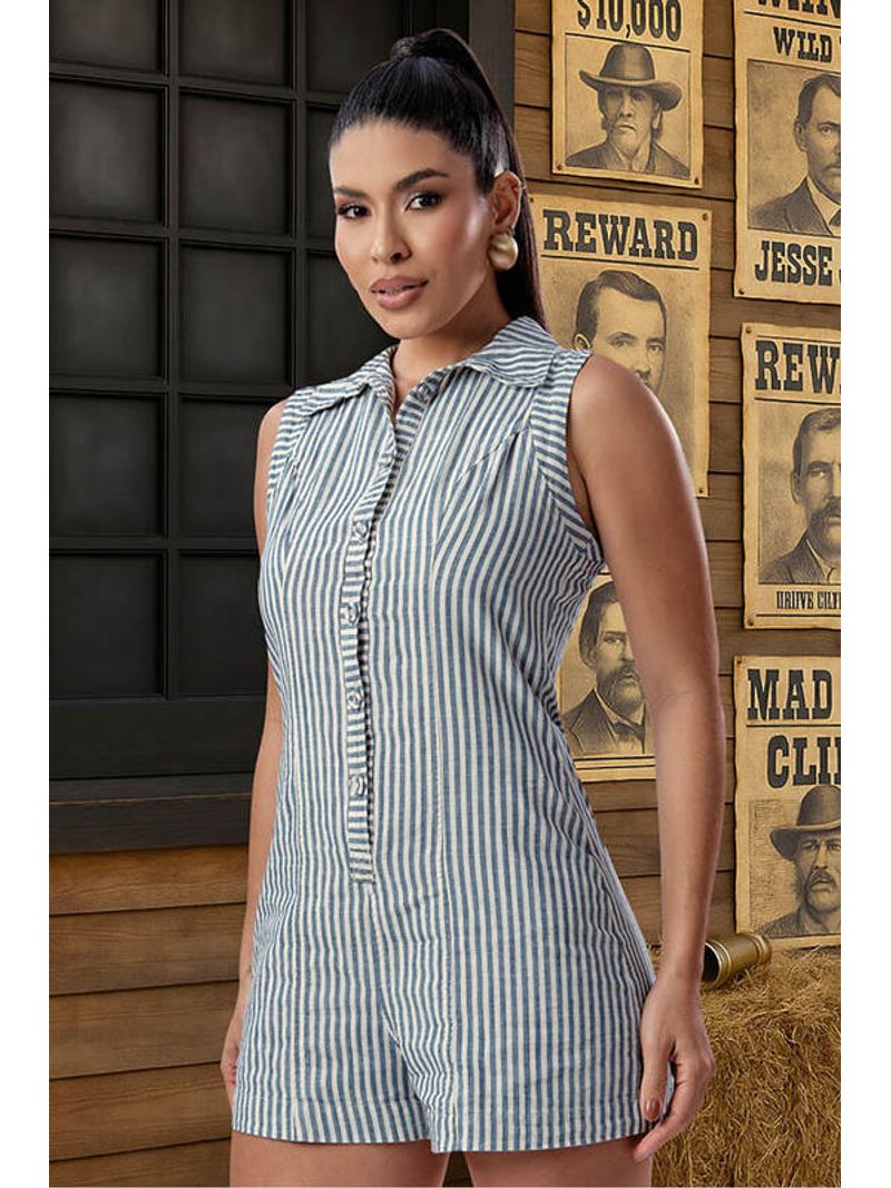 Macacao Listrado Detalhe Mangas E Gola Azul 46