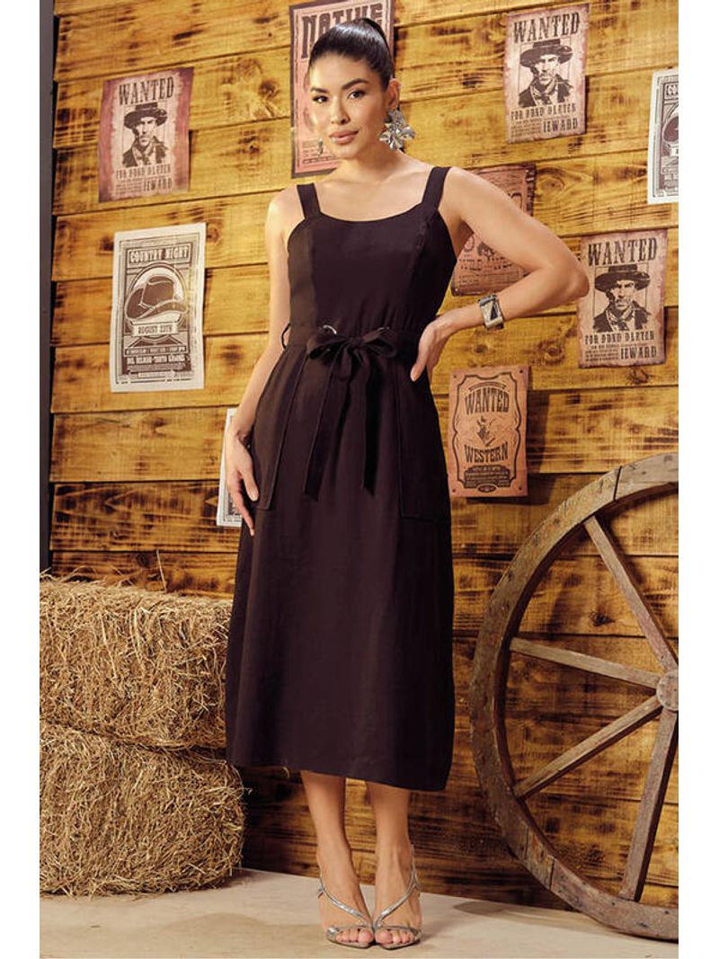 Vestido Midi Com Cinto Faixa Preto 42