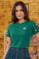 Blusa Tshirt Verde Com Bordado Floral Nas Mang Verde P