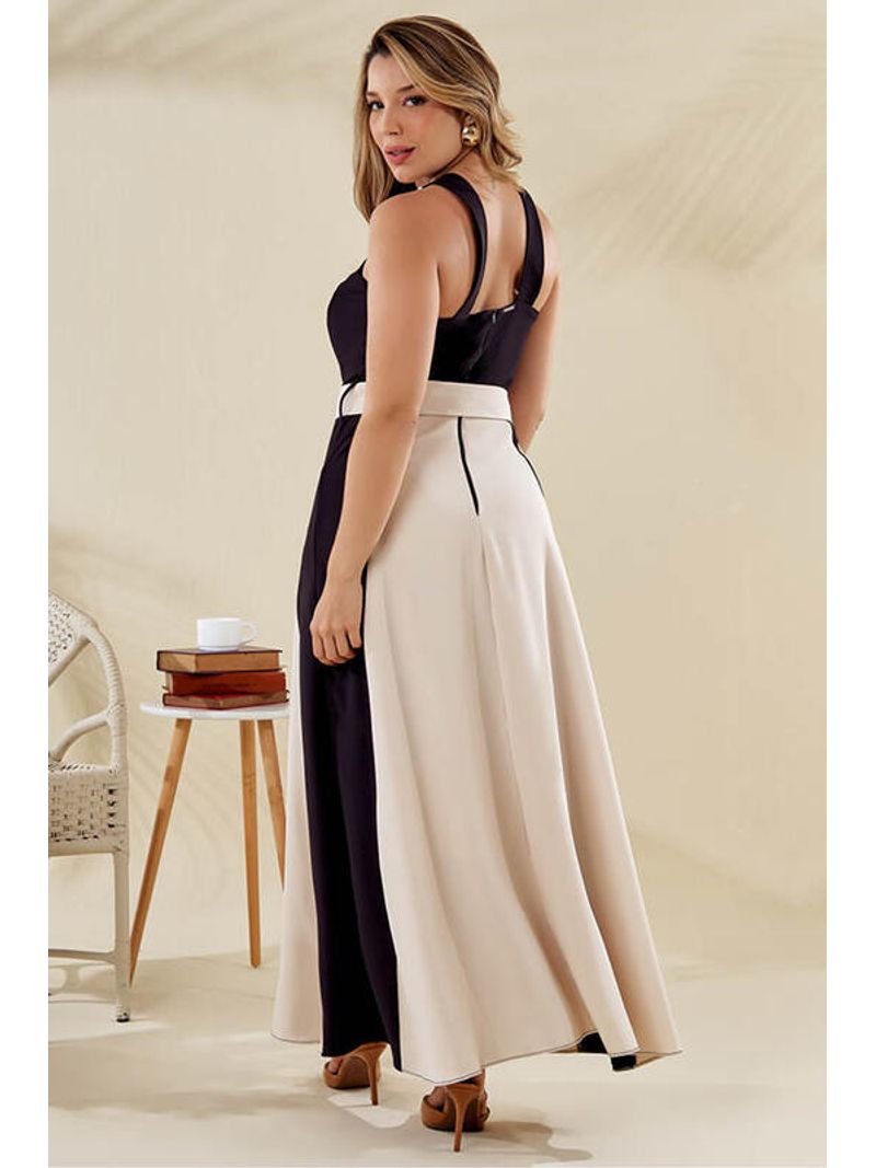 Vestido Longo Bicolor Transpassado Com Cinto Bege 44