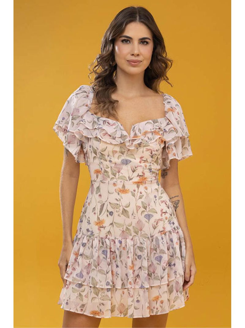 Vestido Curto Com Babados Duplos Estampado 42