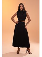 Conjunto Blusa Semi Cropped Com Gola Alta E Saia Preto 46