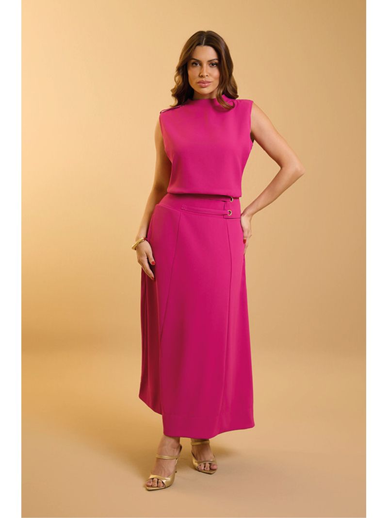 Conjunto Blusa Semi Cropped Com Gola Alta E Saia Fucsia 44