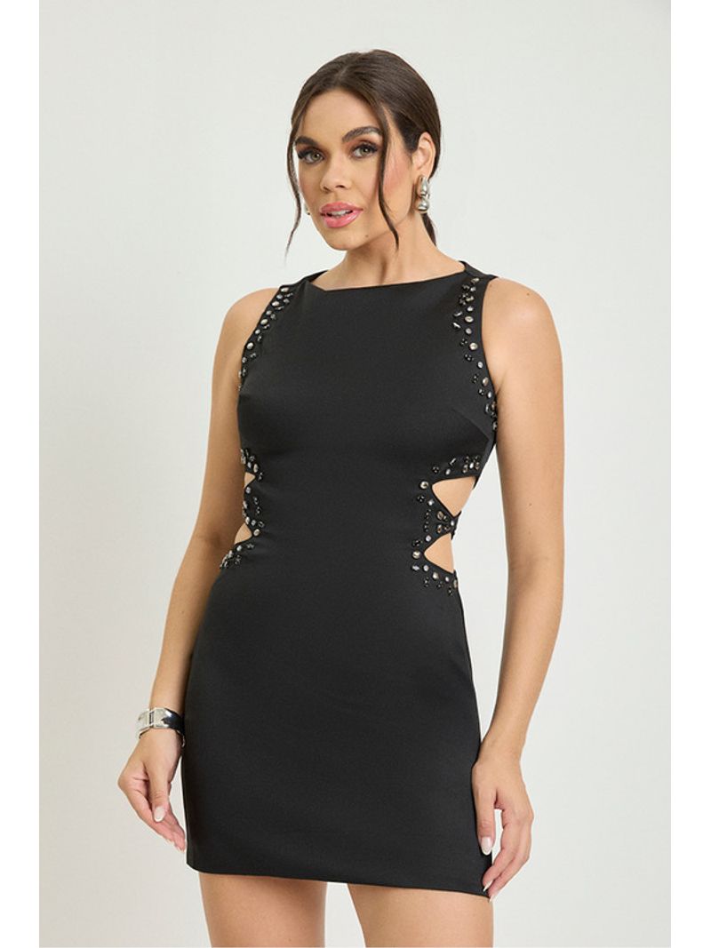 Vestido Curto Com Vazados E Chattons Preto 42