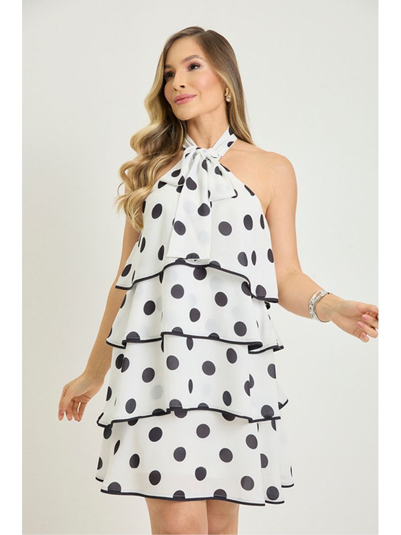 Vestido Plano Curto Em Camadas Estampado / Preto 42