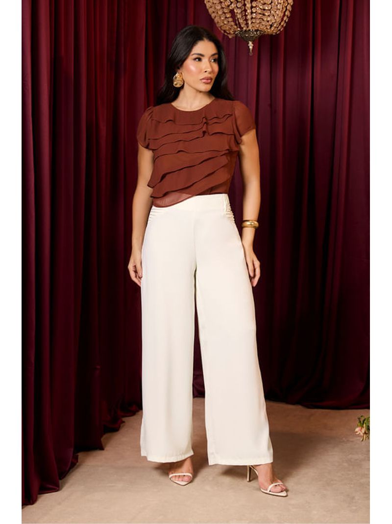 Calca Pantalona Com Detalhes De Pregas Off White 36