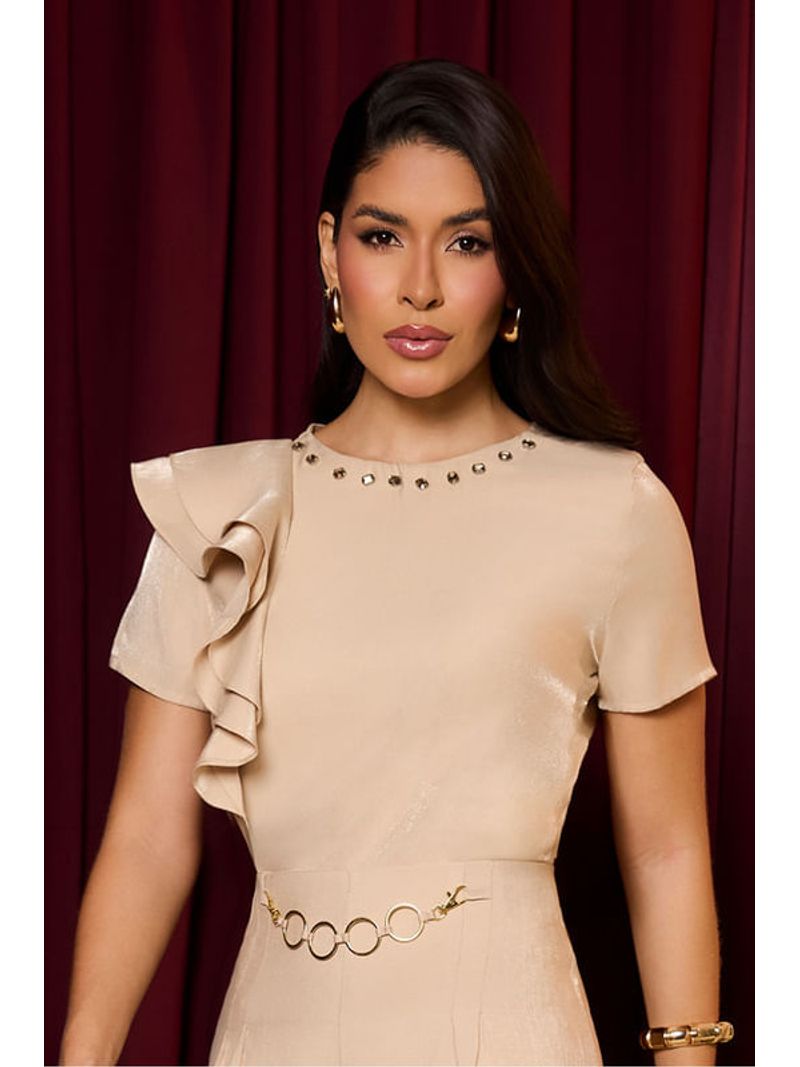 Blusa Baby Look Com Jabour Em Ombro Unico Bege 38