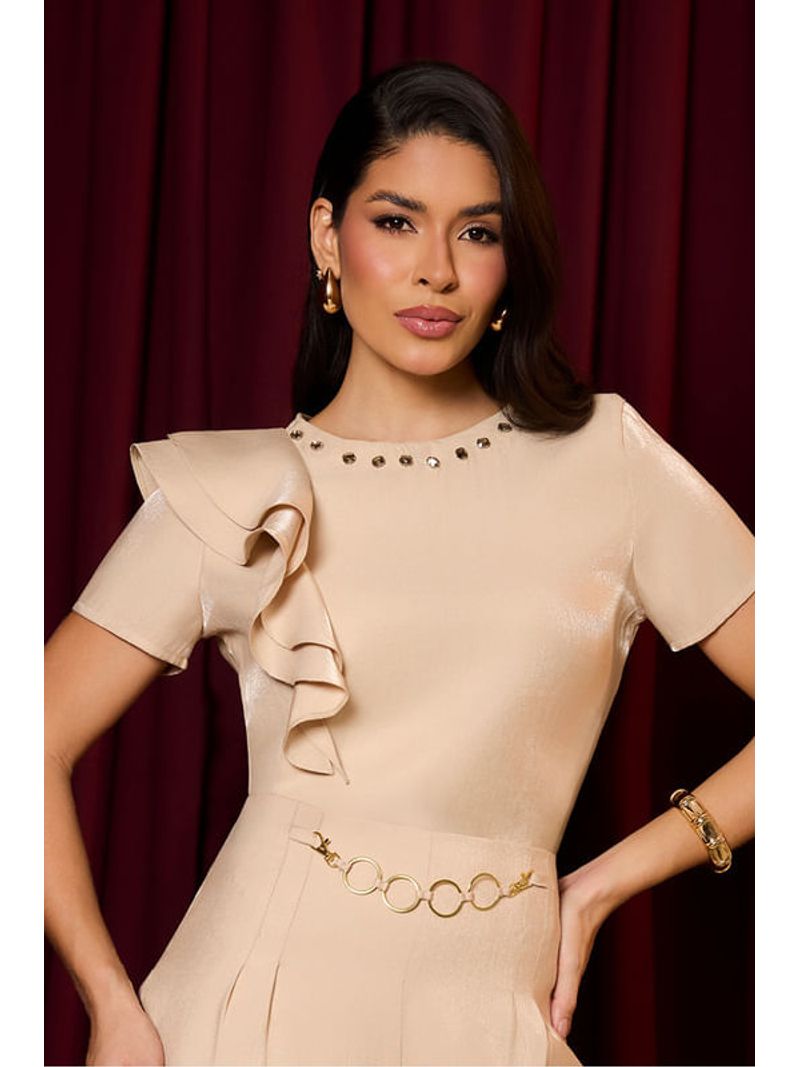 Blusa Baby Look Com Jabour Em Ombro Unico Bege 38