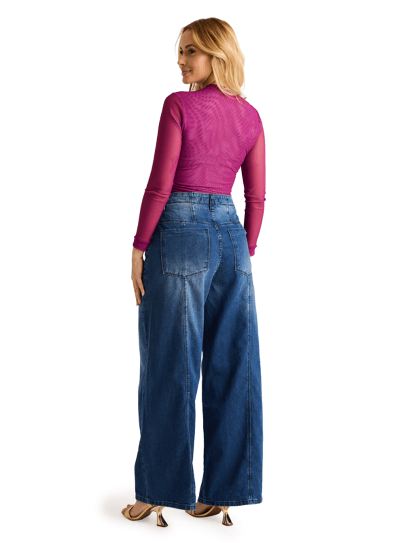 Calca Wide Leg Com Bolso Reto Azul 36