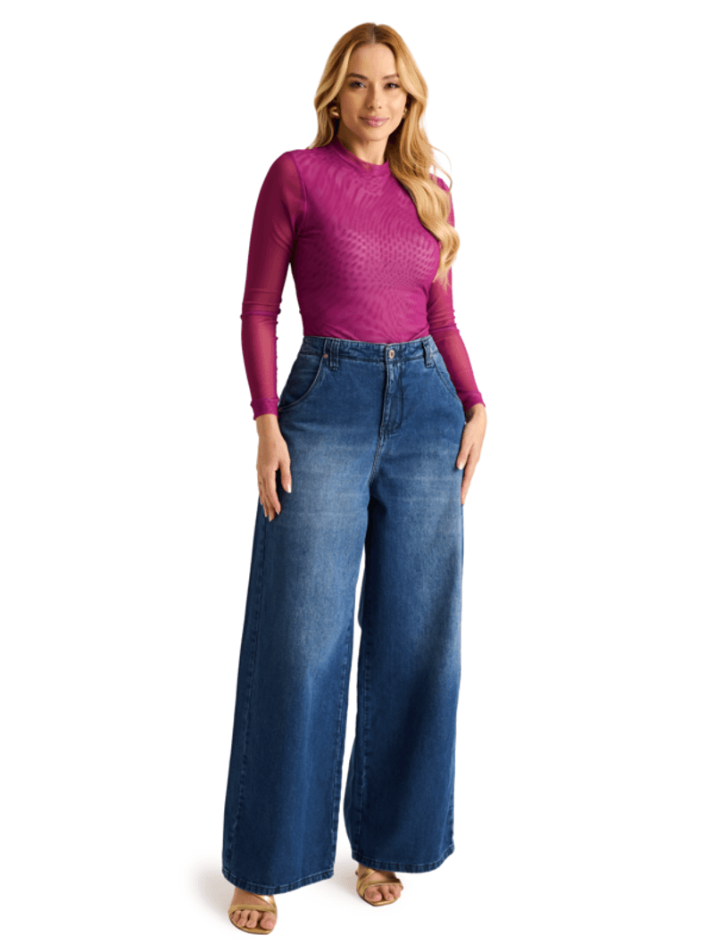 Calca Wide Leg Com Bolso Reto Azul 40