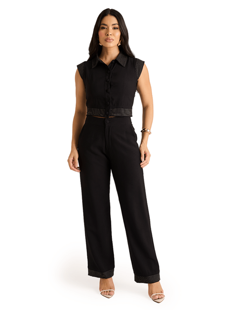 Conjunto De Blusa Com Pesponto E Calca Marrom 38