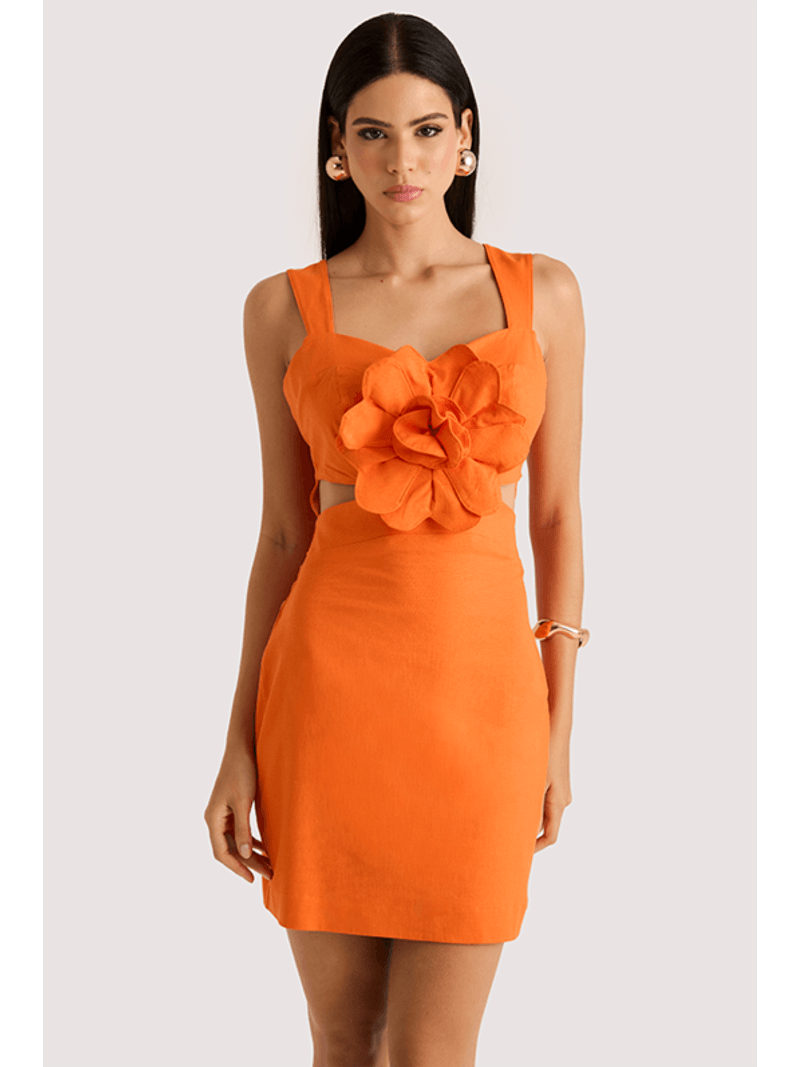 Vestido Plano Curto Com Flor E Vazado Laranja 38