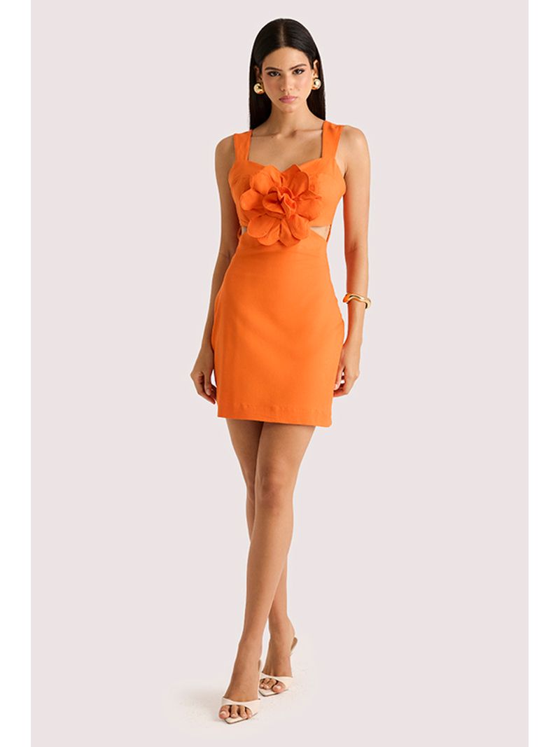 Vestido Plano Curto Com Flor E Vazado Laranja 38