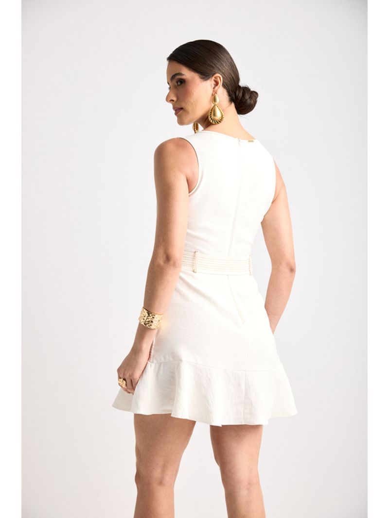 Vestido Plano Curto Com Pesponto E Cinto Branco 38