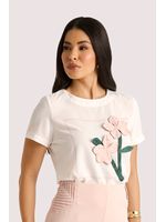 Blusa Baby Look Com Flor Aplicada E Perolas Off White 36
