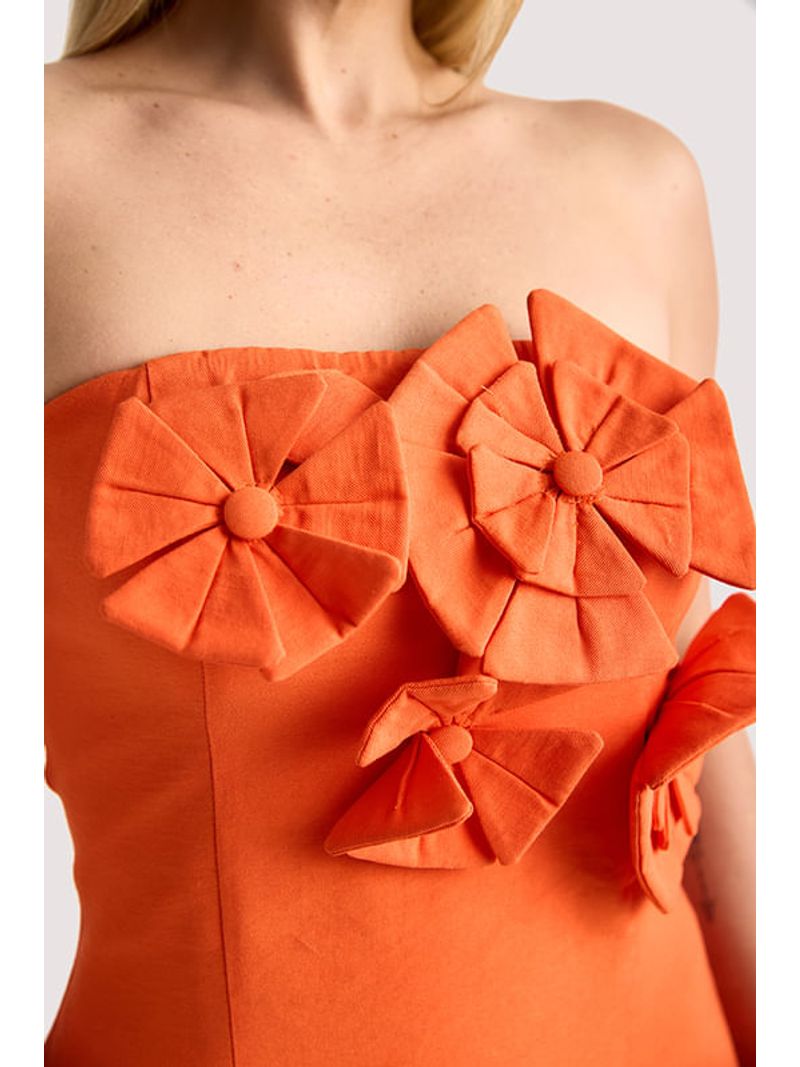 Vestido Plano Curto  Aplicacoes De Flores E Borbo Laranja 38