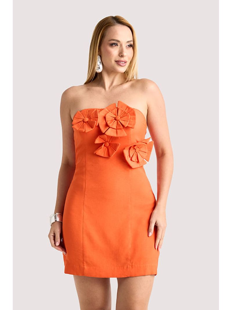 Vestido Plano Curto  Aplicacoes De Flores E Borbolaranja 46