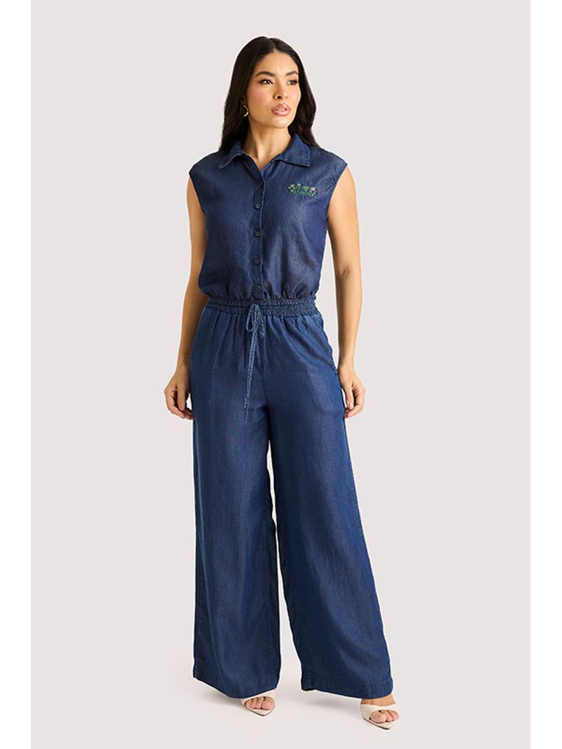 Conjunto Regata Cropped Bordada E Pantalona Azul 38