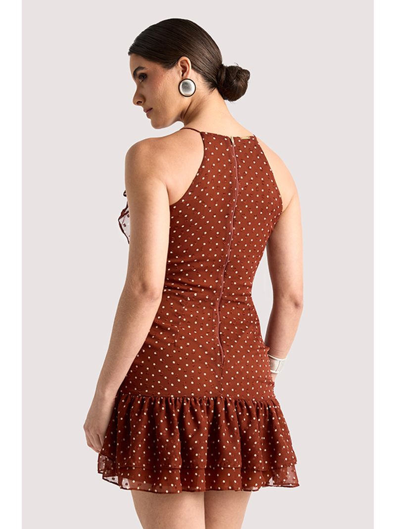 Vestido Plano Curto Com Babados Marrom 38