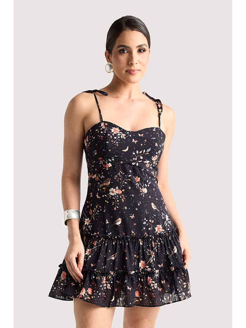 Vestido Plano Curto Com Babados E Alca Com Amar Estampado 44