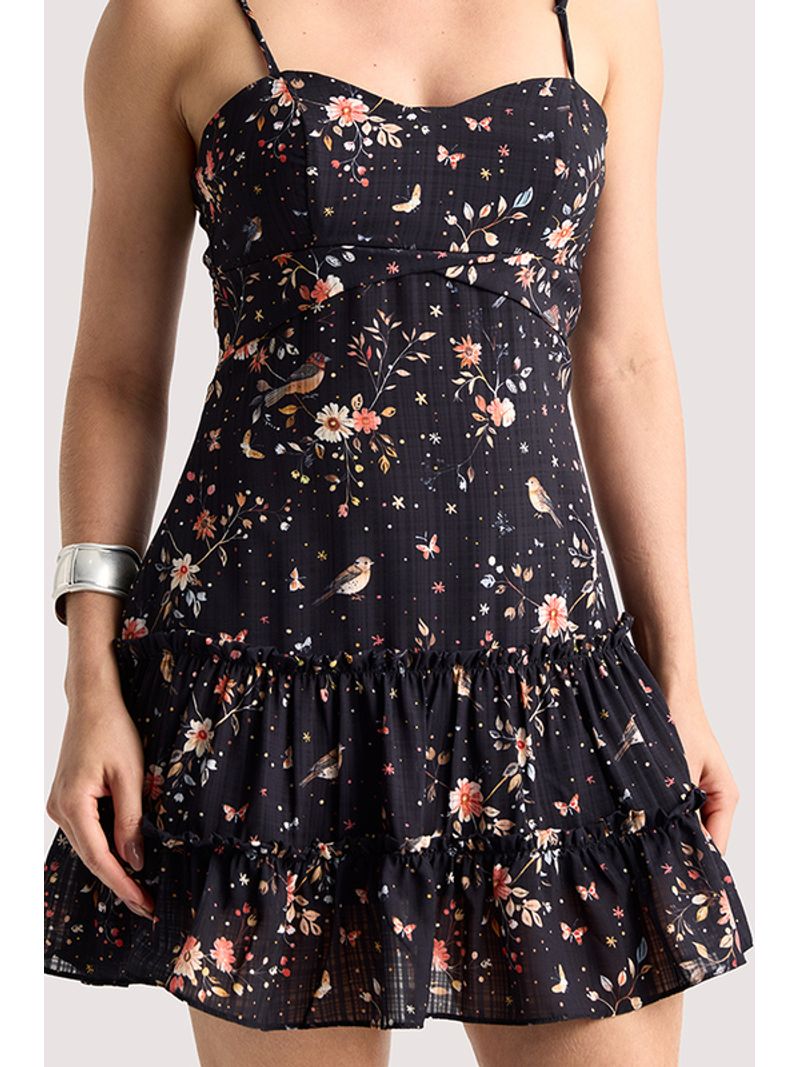 Vestido Plano Curto Com Babados E Alca Com Amar Estampado 44