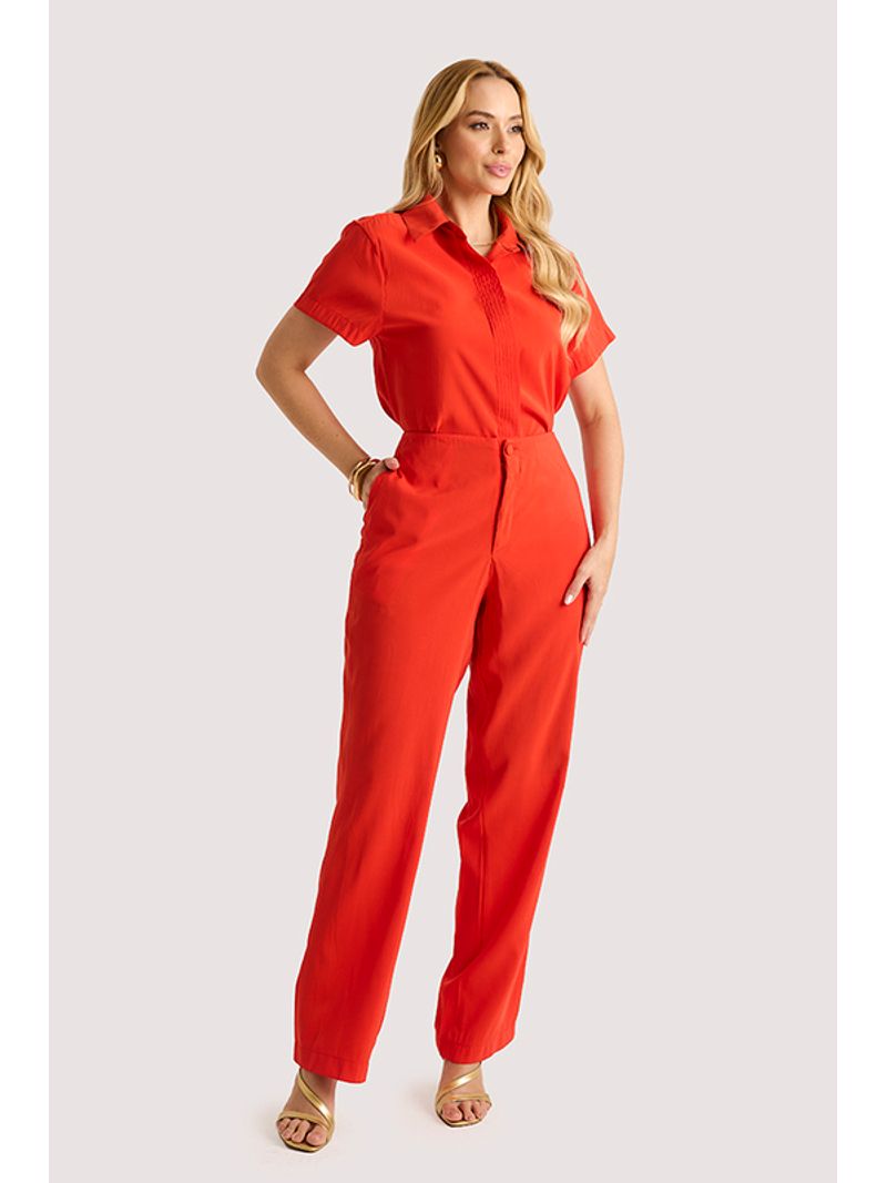 Conjunto De Blusa Pespontada Com Gola E Calca Vermelho 36