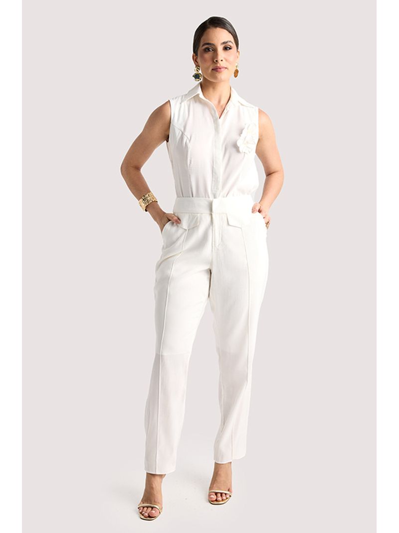 Calca Reta Com Lapelas E Recorte Frontal Off White 44