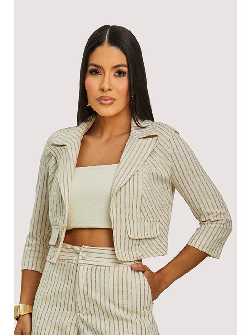 Outwear Blazer Em Listra Cropped E Manga 3/4 Natural 38
