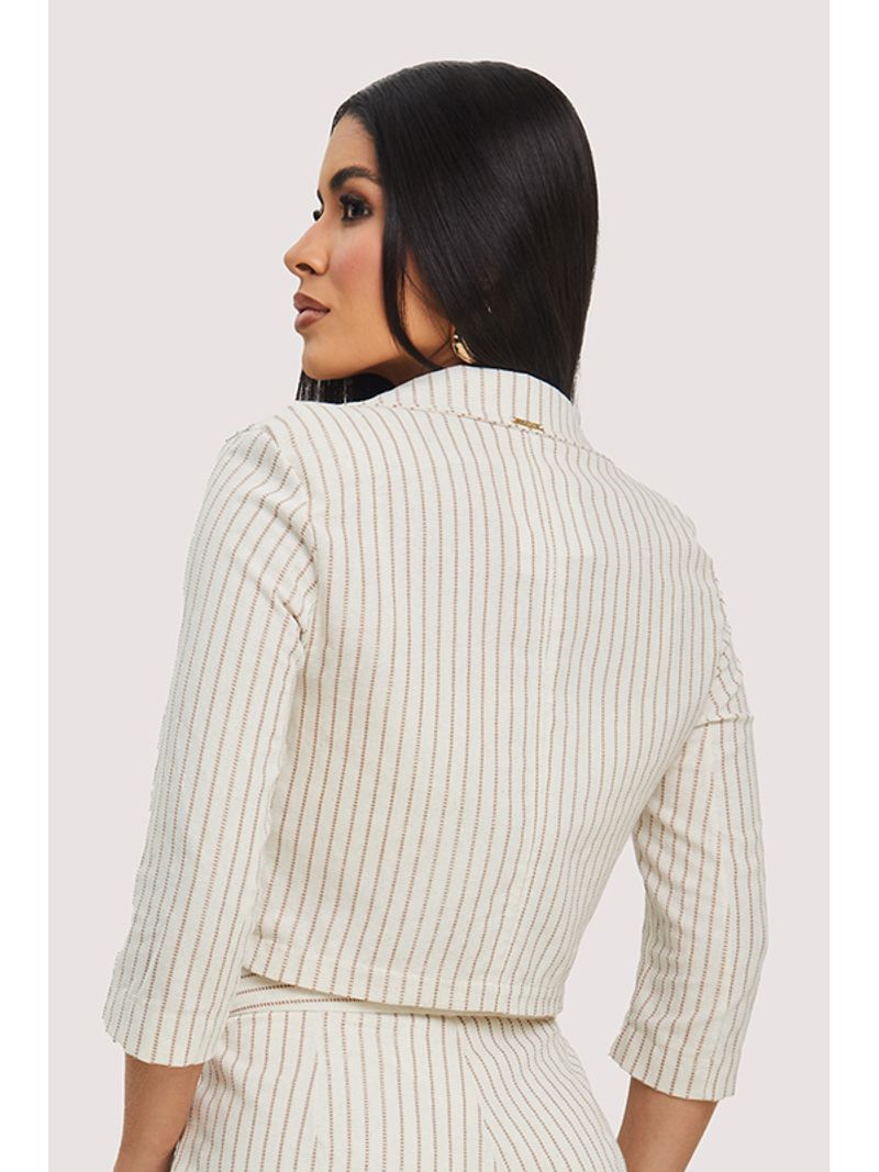 Outwear Blazer Em Listra Cropped E Manga 3/4 Natural 38