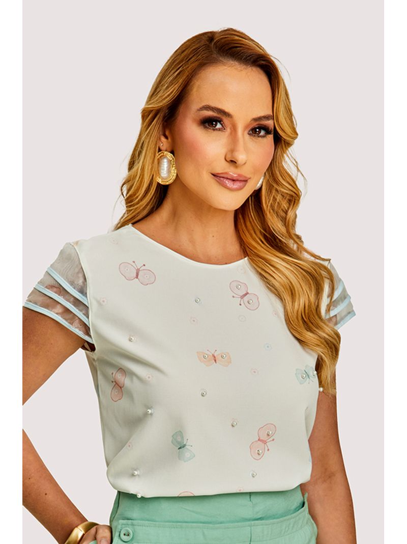 Blusa Baby Look Com Manga De Babados Em Camada Estampado 38