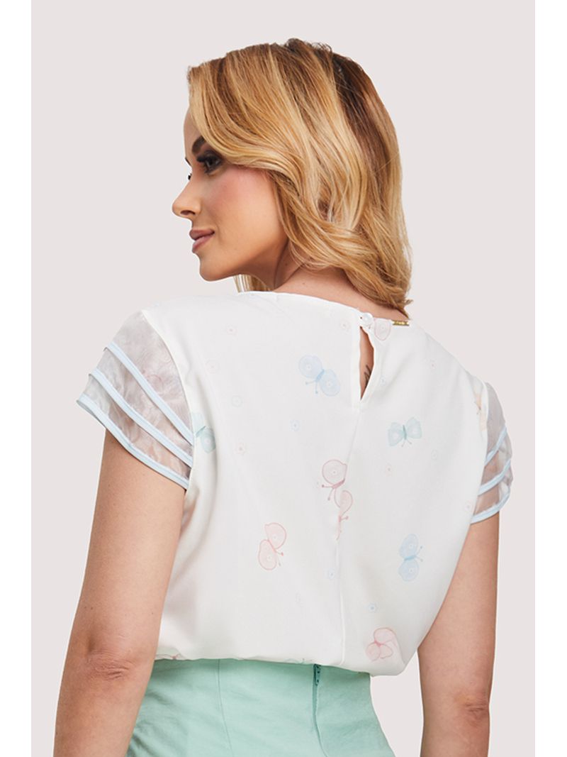 Blusa Baby Look Com Manga De Babados Em Camada Estampado 38