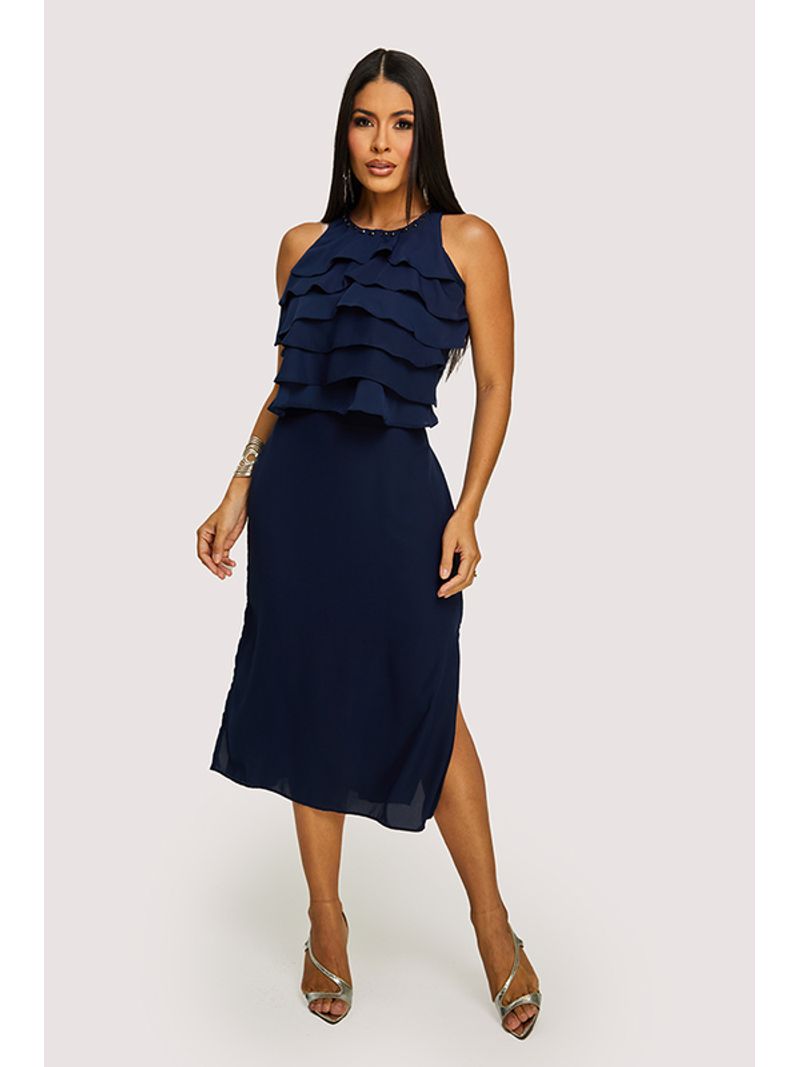 Conjunto De Saia Com Blusa Em Camadas Marinho 40