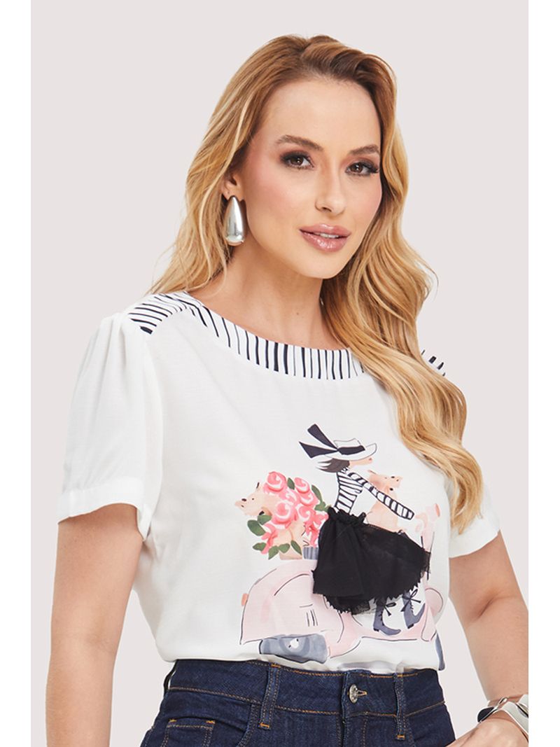 Blusa Baby Look Com Decote Canoa Estampado 38