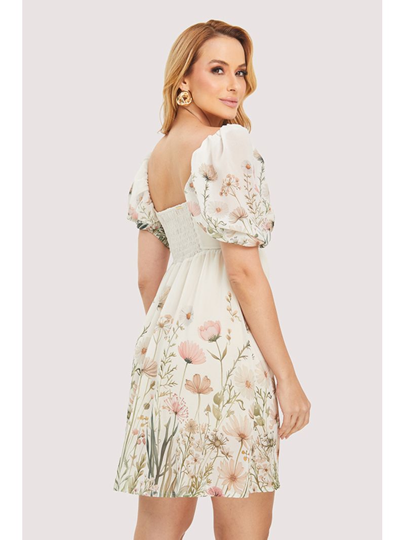 Vestido Plano Floral Com Manga Bufant Estampado / Natural 36