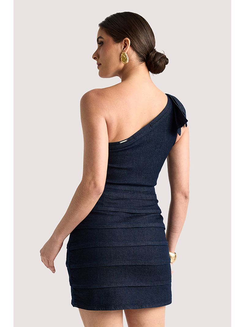 Vestido Curto De Um Ombro So Com Nervuras Azul 38