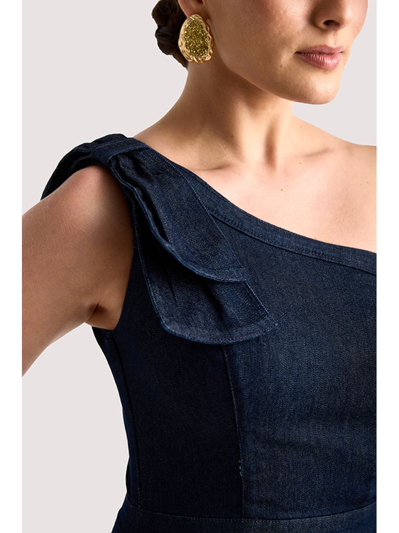 Vestido Curto De Um Ombro So Com Nervuras Azul 36