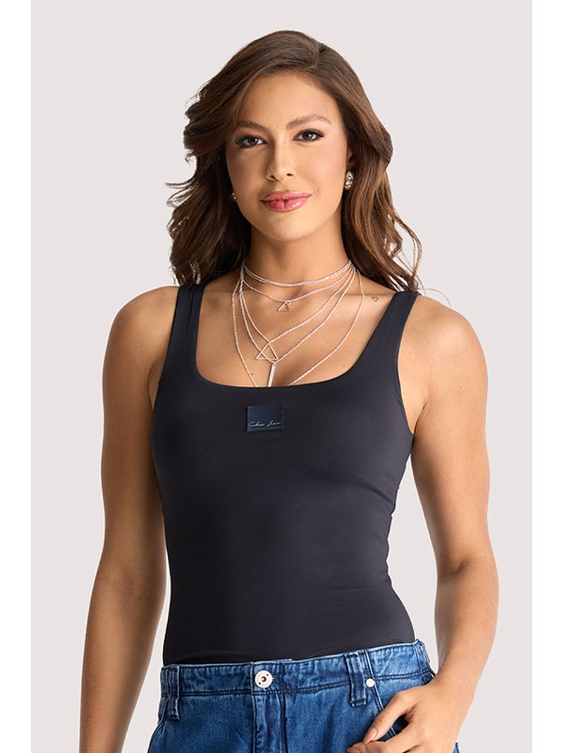 Blusa Regata Com Etiqueta Couro Preto P