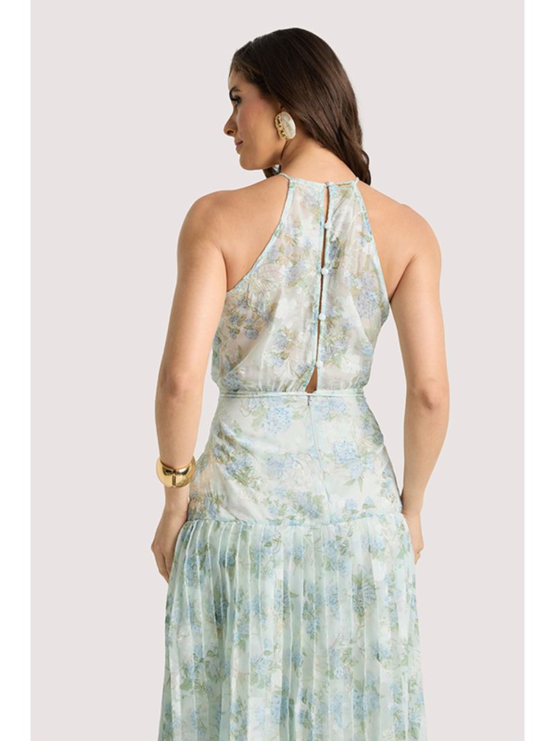 Vestido Plano Longo Com Plissado Estampado 38