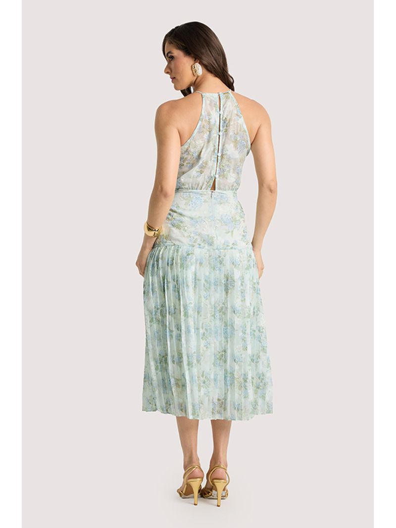 Vestido Plano Longo Com Plissado Estampado 38