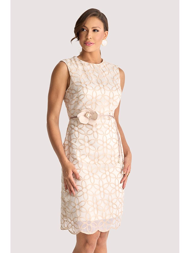 Vestido Plano Midi Com Flor Off/bege 36