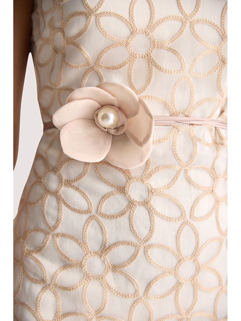 Vestido Plano Midi Com Flor Off/bege 36