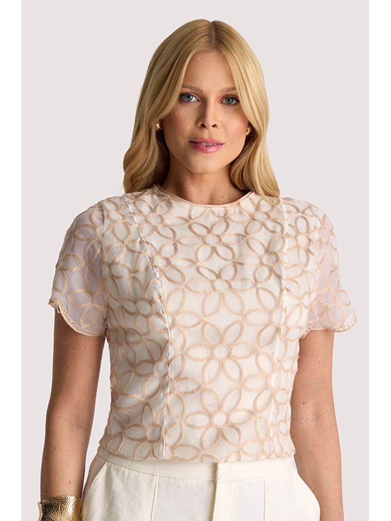 Blusa Semi Cropped Tecido Bordado Estruturada Off/bege 36