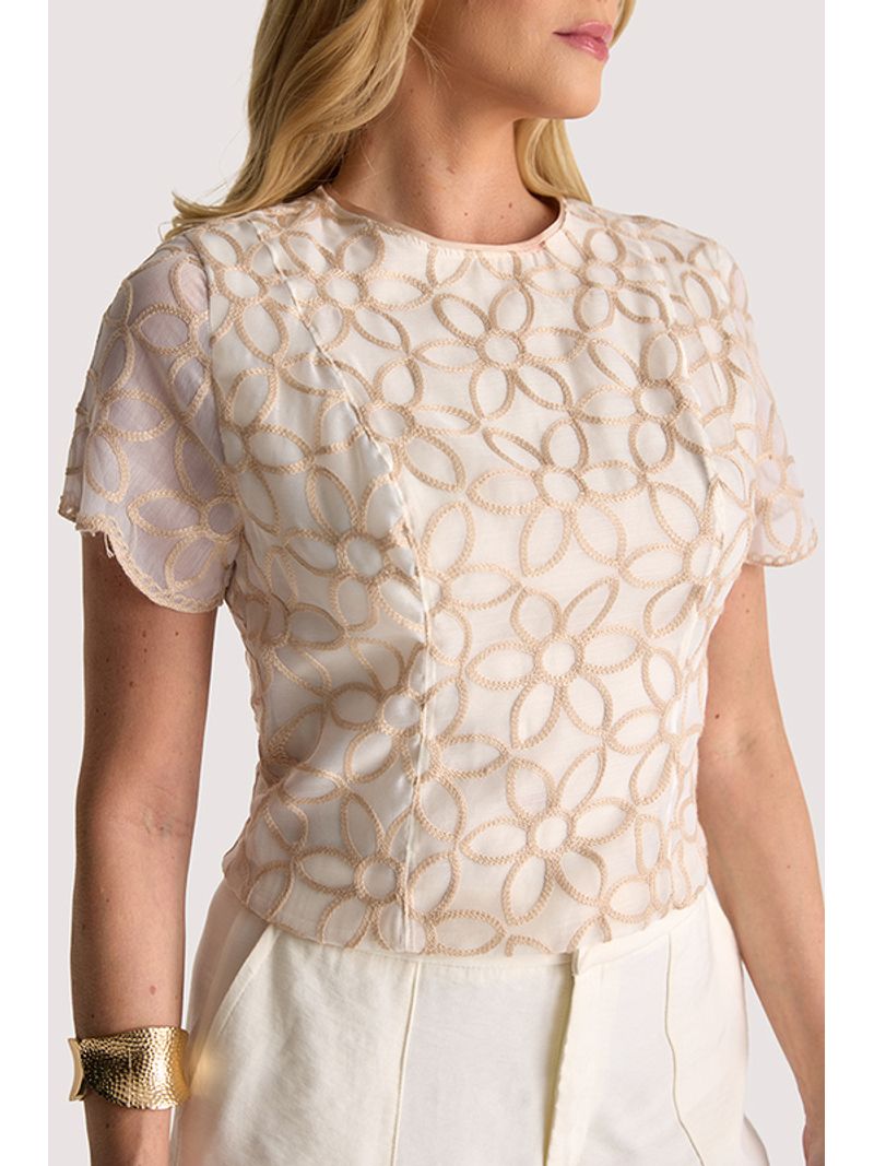 Blusa Semi Cropped Tecido Bordado Estruturada Off/bege 36