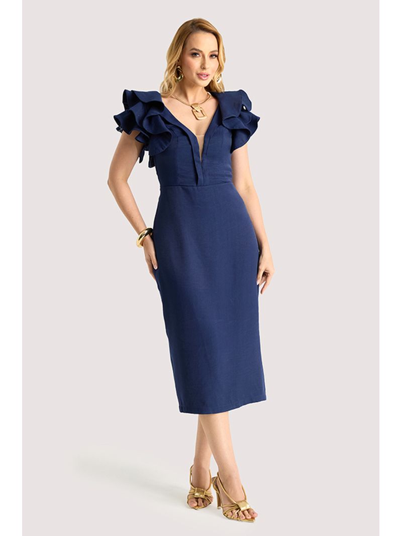 Vestido Plano Midi Com Ombro Diferenciado Marinho 38