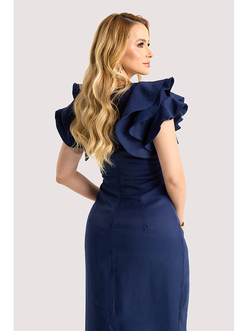Vestido Plano Midi Com Ombro Diferenciado Marinho 38