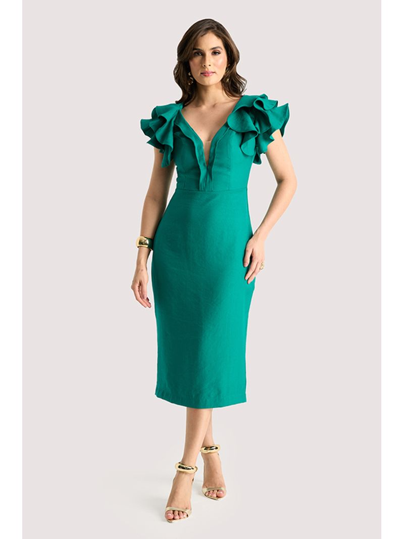 Vestido Plano Midi Com Ombro Diferenciado Verde 38