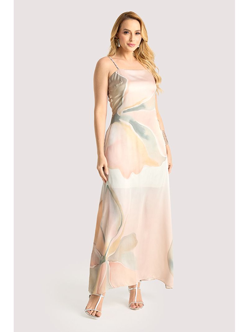 Vestido Plano Longo Com Alcas De Strass Estampado 38